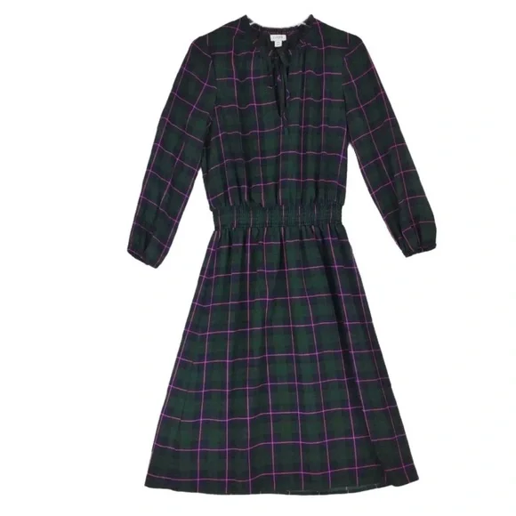 J.CREW Dark Green Plaid Blouson Dress, Ruffle Tie Collar Puff Sleeve Size Medium - Picture 3 of 16